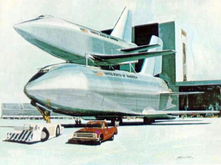 An early design concept for the Shuttle, with a piloted fuel tank below and the orbiter above. (NASA)